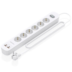 Regleta con interruptor aisens asps-2a2c16-w/ 6 tomas de corriente/ 2 usb - 2 usb tipo-c/ cable 1.4m/ blanco