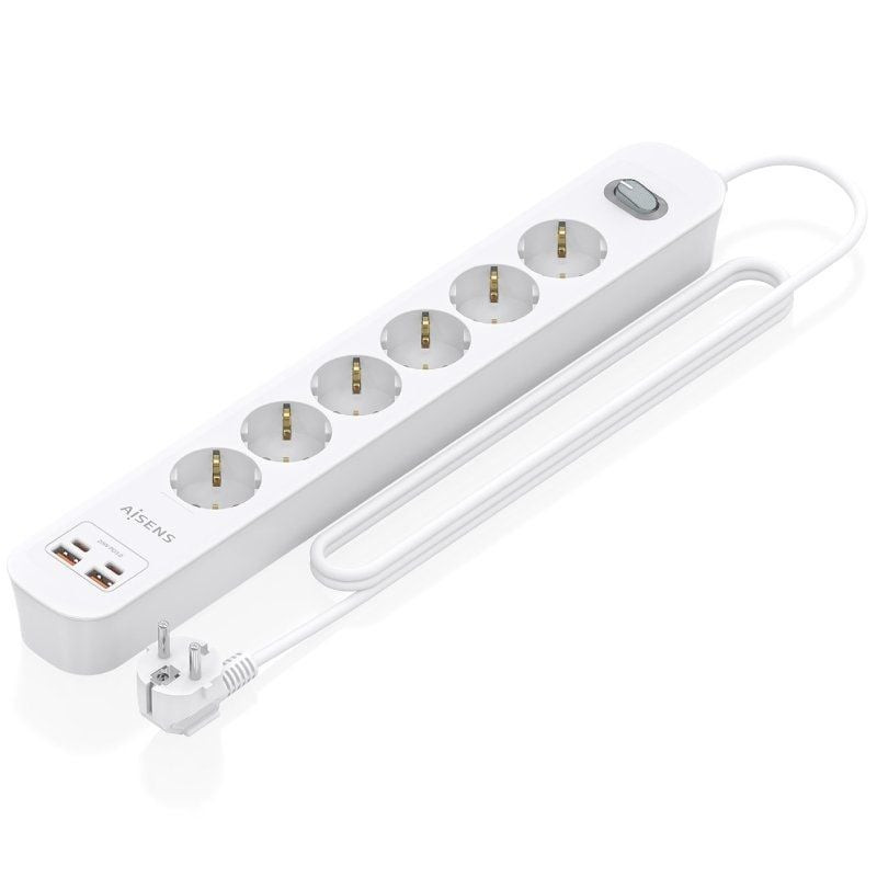 Regleta con interruptor aisens asps-2a2c16-w/ 6 tomas de corriente/ 2 usb - 2 usb tipo-c/ cable 1.4m/ blanco