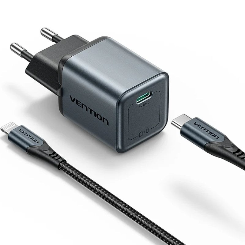 Cargador de pared gan vention tz-fevh0-eu/ 1xusb tipo-c + cable lightning/ 20w