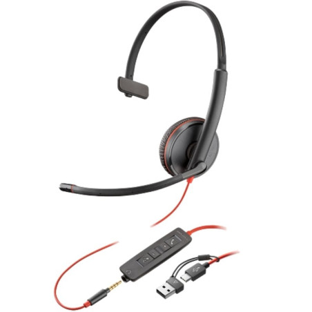 Auricular poly blackwire 3215 + adaptador usb-c/a/ con micrófono/ jack 3.5mm/ negro