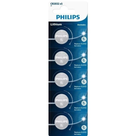 Pack de 5 pilas de botón philips cr2032p5/01b lithium/ 3v