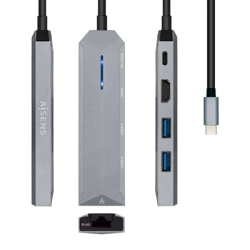 Docking usb tipo-c aisens asuc-5p003-gr/ 1xhdmi 4k/ 2xusb/ 1xrj45/ 1xusb tipo-c pd/ gris
