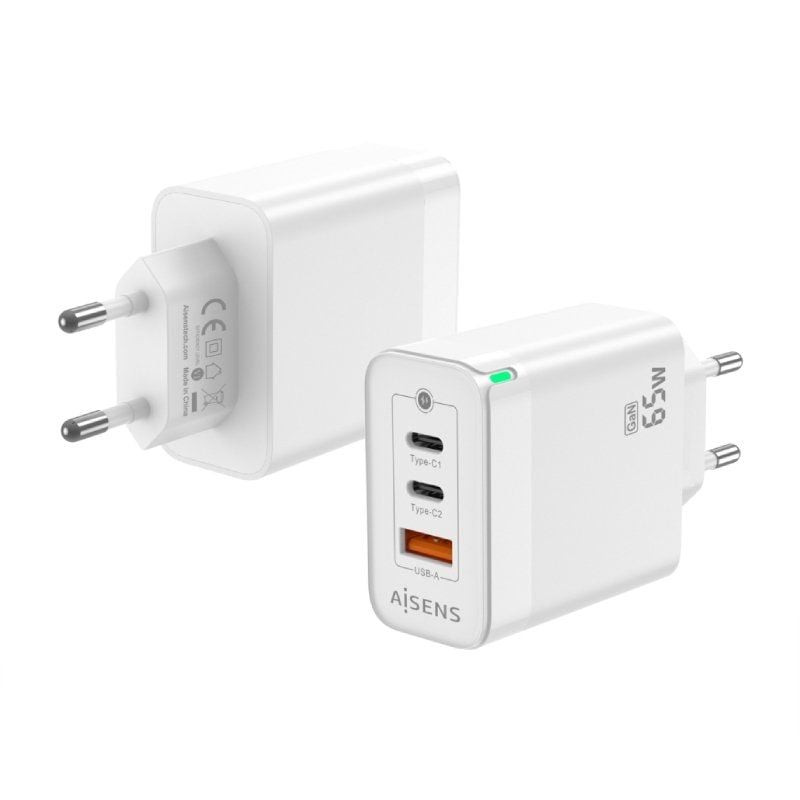 Cargador de pared gan aisens asch-65w3p007-w/ 2xusb tipo-c/ 1x usb/ 65w