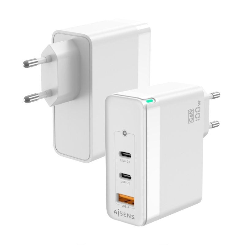 Cargador de pared gan aisens asch-100w3p008-w/ 2xusb tipo-c/ 1x usb/ 100w