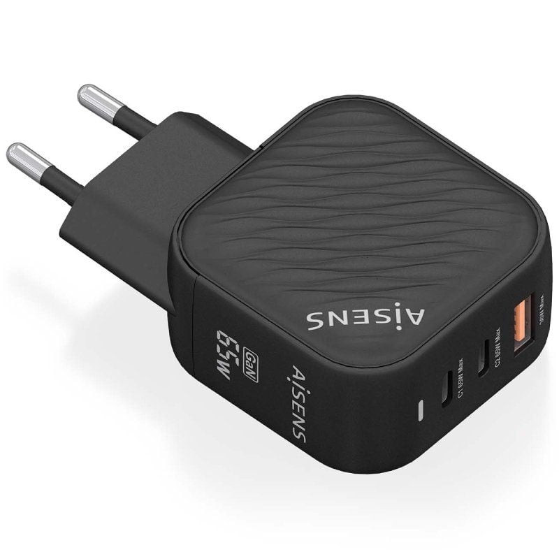 Cargador de pared gan aisens asch-65w3p027-bk/ 2xusb tipo-c/ 1xusb/ 65w