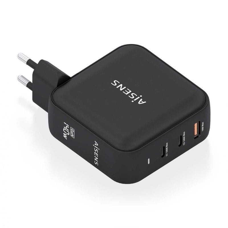Cargador de pared gan aisens asch-140w3p031-bk/ 2xusb tipo-c/ 1xusb/ 140w