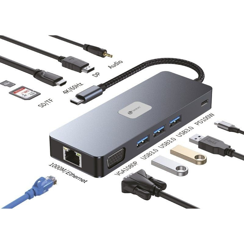 Docking usb tipo-c leotec leds03/ 3xusb/ 1xusb tipo-c pd/ 1xhdmi 4k/ 1xdisplayport/ 1xvga/ 1xaudio/ 1xrj45/ 1xlector tarjetas 