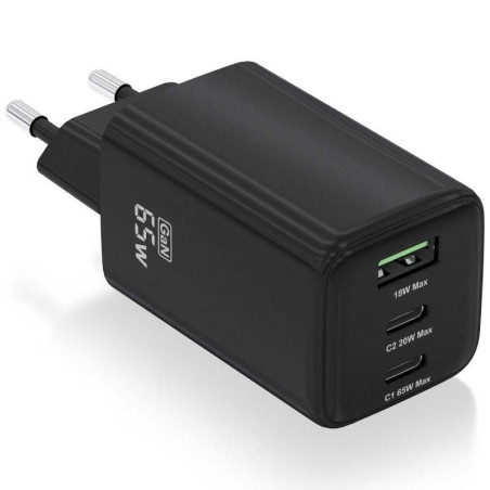 Cargador de pared gan aisens asch-65w3p042-bk/ 2xusb tipo-c/ 1xusb/ 65w