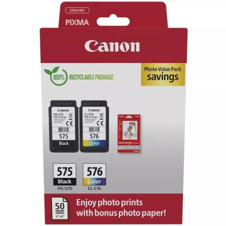 Cartucho de tinta original canon pg-575 + cl-576 multipack/ negro/ tricolor + papel fotográfico