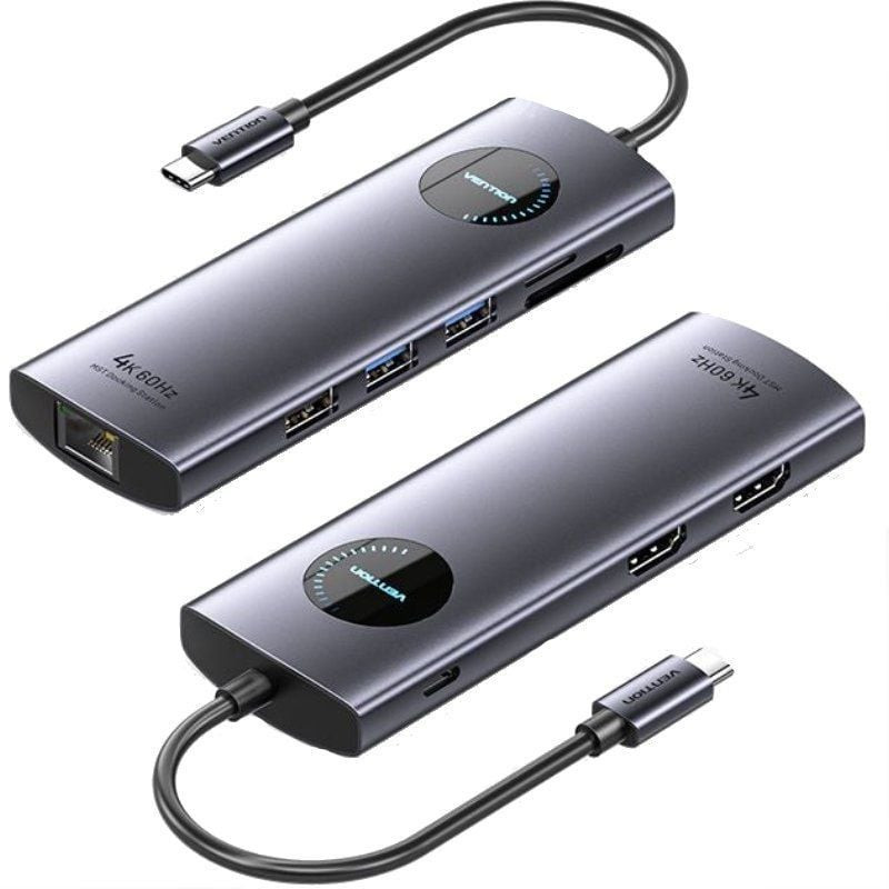 Docking usb tipo-c vention tqvhb/ 2xhdmi 4k/ 3xusb/ 1xrj45/ 1xlector de tarjetas/ 1xusb tipo-c pd/ gris