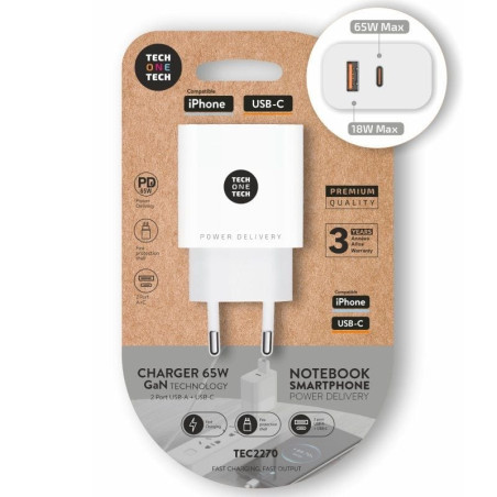 Cargador de pared gan tech one tech gan tec2270/ 1xusb tipo-c/ 1xusb/ 65w/ blanco