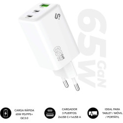 Cargador de pared gan subblim 65w charger usb c+c+a/ 2xusb tipo-c/ 1xusb/ 65w