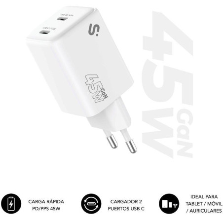 Cargador de pared gan subblim 45w charger usb c+c/ 2xusb tipo-c/ 45w