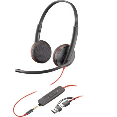 Auriculares poly blackwire 3225 + 3.5 mm + adaptador usb-c/a/ con micrófono/ jack 3.5 - usb tipo-c/ bulk/ negros