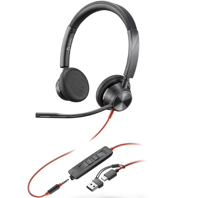 Auriculares poly blackwire 3225 para microsoft teams + 3.5 mm + adaptador usb-c/a/ con micrófono/ jack 3.5 - usb tipo-c/ negros