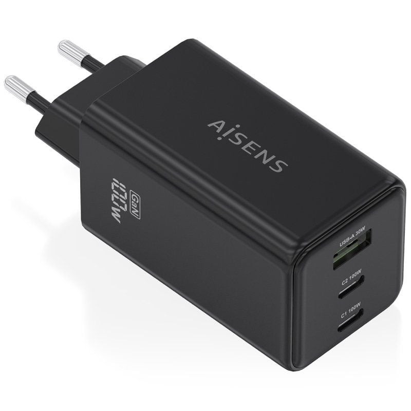 Cargador de pared gan aisens asch-100w3p052-bk/ 2xusb tipo-c/ 1xusb/ 100w