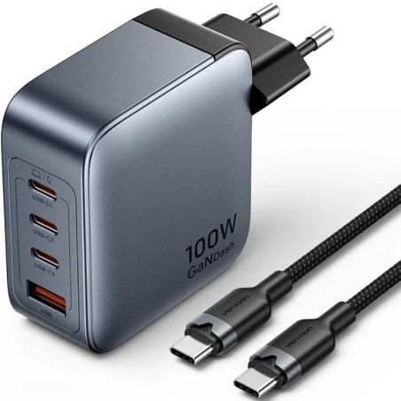 Cargador de pared gan vention tz-feth0-eu/ 3xusb tipo-c/ 1xusb/ 100w