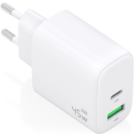 Cargador de pared gan aisens a110-0971/ 1xusb tipo-c/ 1xusb/ 45w/ blanco