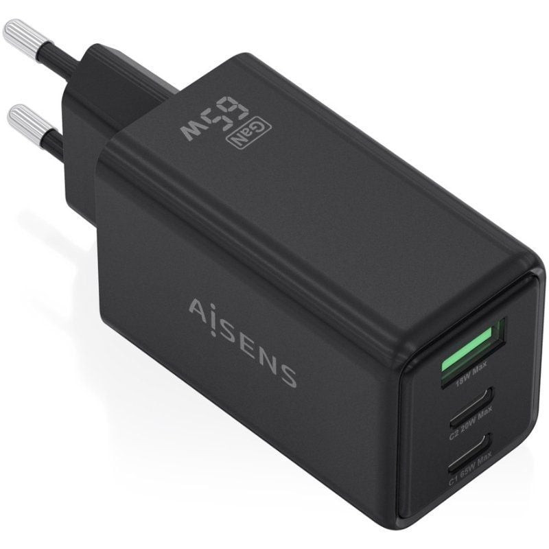 Cargador de pared gan aisens asch-65w3p073-bk/ 2xusb tipo-c/ 1xusb/ 65w/ negro