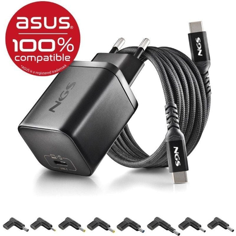 Cargador de portátil gan ngs bud65w-as para asus/ 1xusb tipo-c/ 65w/ automático/ 8 conectores/ voltaje 5-20v